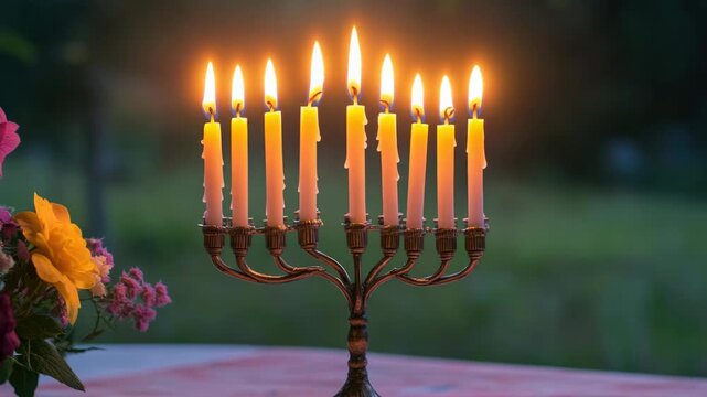 A black Hanukkah menorah holding eight white candles, all lit and glowing in the dark.