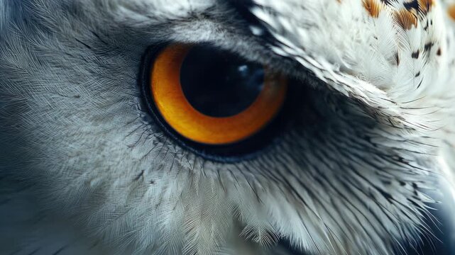 A detailed view of the right eye of an owl with feathers in focus and a blurred background to highlight its striking appearance.