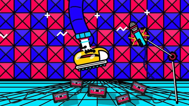 Colorful 2D surreal animation of a foley artist creating footstep sound effects with a yellow shoe recorded by a studio microphone surrounded by retro audio cassettes against acoustic foam