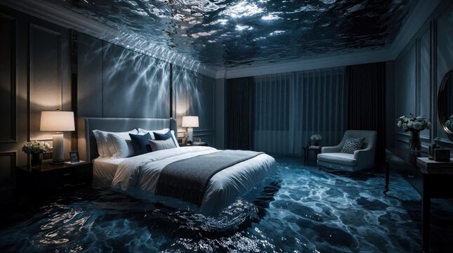 Luxurious bedroom interior filled with deep blue ocean water. Bed furniture sits submerged in liquid flooded room. Surreal dreamscape art theme with reflections on walls, ceiling. Calm waves surround