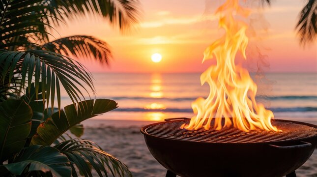 Bright orange fire flames burn inside metal bowl grill on ocean sand beach at sunset. Green palm tree leaves surround barbecue fire pit near water shore. Calm evening sky light reflection provides