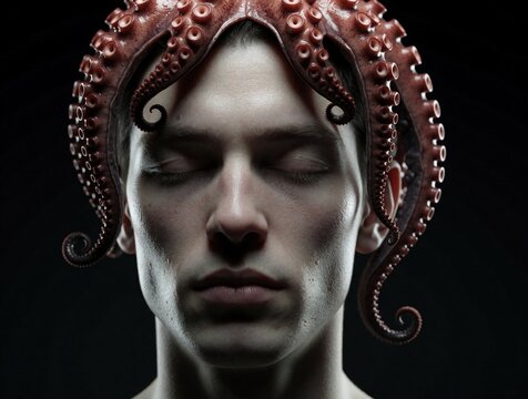 Man with octopus tentacles growing from his head. Surreal portrait features dark moody lighting. Abstract concept art shows transformation or mutation. Dark fantasy or horror theme.