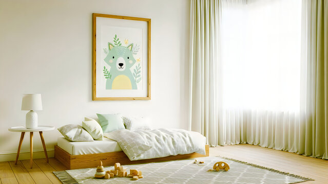 Cozy and playful bedroom setup featuring a stylish framed dog illustration, a comfortable bed, and charming wooden furniture