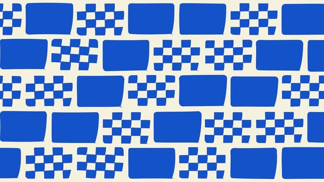 Repeating geometric pattern of solid blue rectangles and checkered squares on a cream surface for textile design, wrapping paper, and digital art projects.