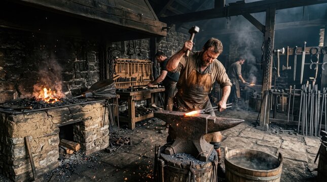 Blacksmith working at anvil with hammer and forge
