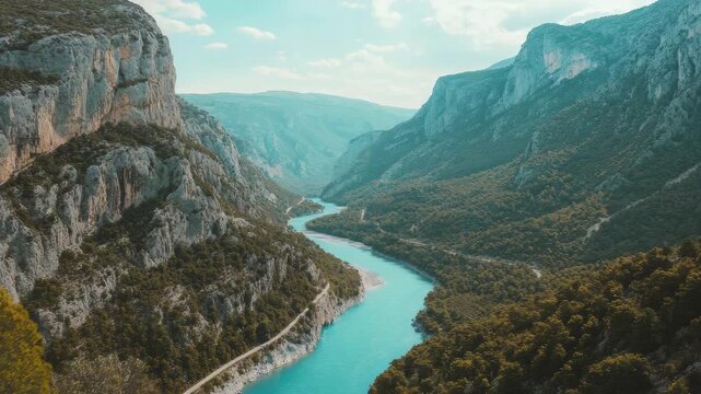 Breathtaking view from high up on the mountain, overlooking a crystal-clear turquoise river snaking through lush greenery and rugged terrain. A perfect travel destination for nature enthusiasts and .