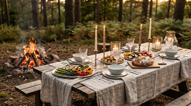 Beautiful outdoor dinner table with candles and food set on a wooden table near a burning campfire. campfire dinner setup