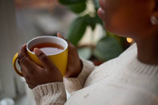 African American young woman holding mug of hot tea near window, practicing mindfulness and self care. Image suitable for mental wellbeing campaigns and lifestyle marketing, close up shot
