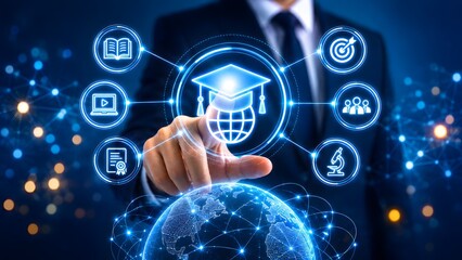 Obraz premium Businessman touching a virtual screen with a graduation cap icon over a digital globe. Concept of global online education and digital learning.