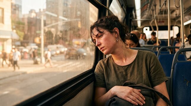 Young woman looking out bus window with pensive expression during a city commute