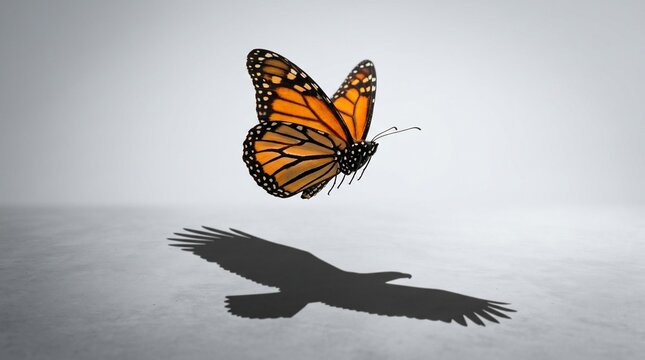 A monarch butterfly flying and casting a large eagle shadow on the ground.
