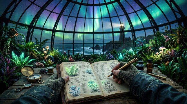 Person studying plants in greenhouse aurora borealis