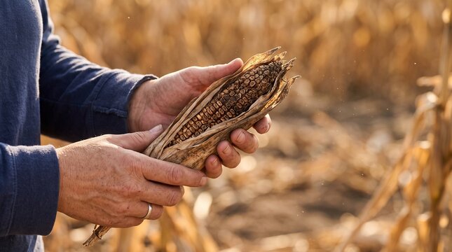 Farmer holding a dried corn cob in a field during harvest season, showcasing agricultural produce