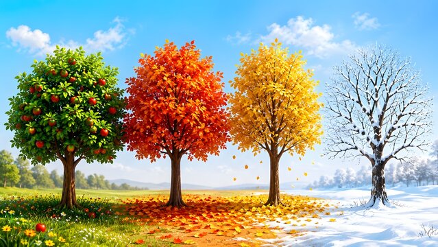 Four trees displaying seasonal foliage transitioning from grass to snow. Concept of time progression and environmental climate change.