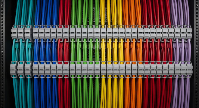 Colorful ethernet cables organized in server rack, rainbow network patch cords in data center, structured cabling system