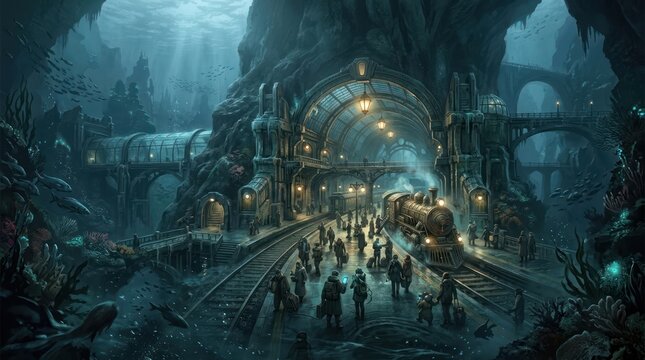 Underwater train station scene with steam engine