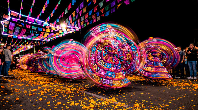D&iacute;a de Muertos illuminated parade float glowing on a night street during a colorful Mexican festival