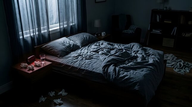 Unmade bed with crumpled tissues in a dark bedroom