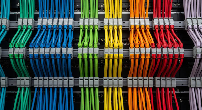 Colorful network cables in server rack, organized ethernet patch cords in data center, structured cabling system for telecommunications