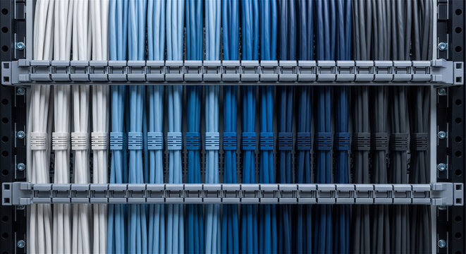 Network cables organized in server rack, blue and white ethernet cords in data center, structured cabling system for telecommunications