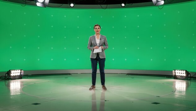 Presenter stands confidently on green screen virtual set with tracking markers and illuminated floor lights framed for weather forecasting