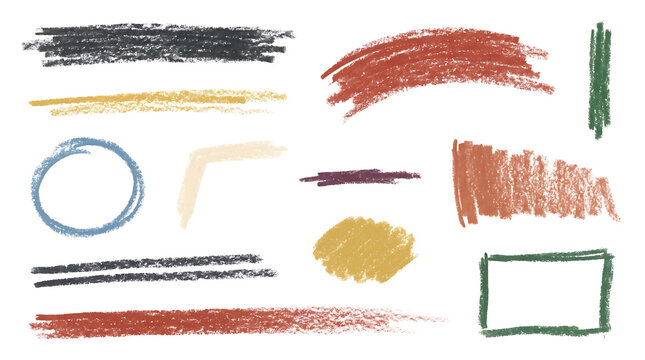 Collection of hand-drawn artistic strokes, smudges, and shapes in various colors