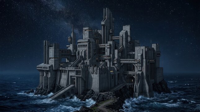 Futuristic castle on rocky island at night