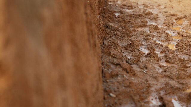 Wet, textured brown soil forms a rough surface with deep tire tracks and small water puddles, indicating recent rainfall and outdoor terrain conditions