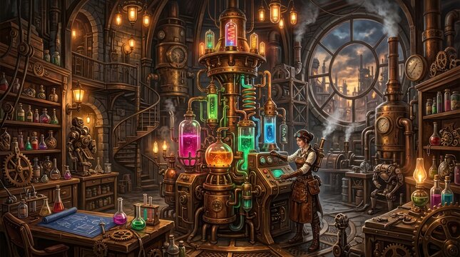 Steampunk laboratory with scientist and ornate machinery