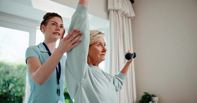 Physiotherapy, support and senior woman with dumbbells, physiotherapist and talking for advice. Help, healthcare and wellness with old patient at clinic for exercise, weights and rehabilitation