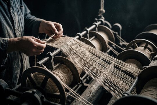 Hands guide natural fiber onto vintage twine spool. Worker operates old textile machine, creating cord thread for industry and craft. Close view of manufacturing process.