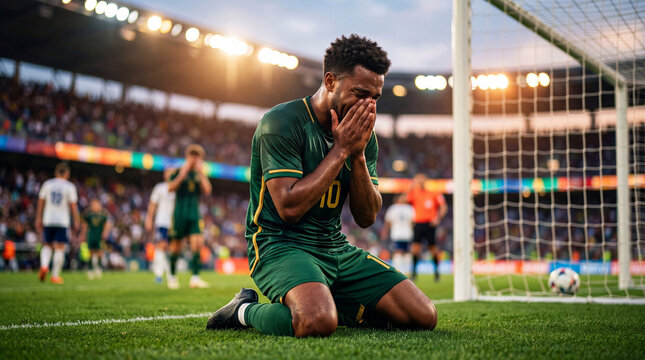 Black football player crying on knees on pitch after losing game. Sad soccer athlete feeling defeat and failure at stadium. Emotional disappointment of professional sport after tournament