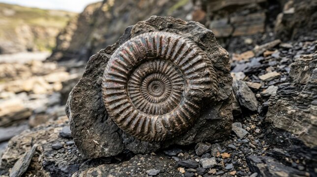 Fossilized ammonite shell on rocky surface