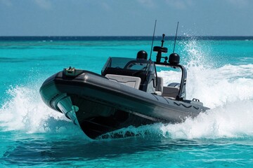 Fototapeta premium Black RIB motorboat moves fast through bright turquoise ocean water. Modern inflatable boat creates white sea spray foam. Luxury watercraft cruises on sunny tropical day near reef. Nautical vessel