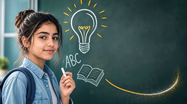 Teenage schoolgirl holding chalk in front of chalkboard with drawn lightbulb idea symbol and book. Back to school concept banner with copy space for education, creative learning and study