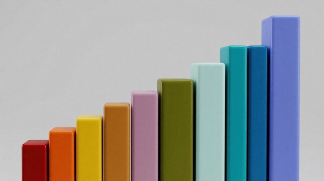 Colorful bars ascend showing growth progress and positive trend. Geometric shapes stack increase data representation. Abstract design element for business finance concepts.
