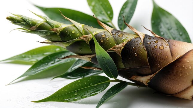 Young bamboo shoot with fresh green leaves glistening with water droplets sits on a white surface. This young sprout signifies growth and new beginnings, a healthy ingredient.