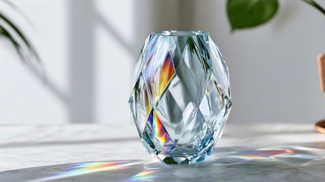 Clear crystal orb rests on marble surface. Sunlight refracts through facets, casting rainbow hues