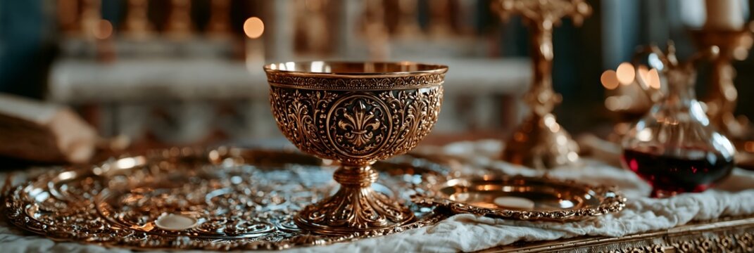 Golden chalice rests on ornate, textured surface. Warm lighting highlights intricate embossed patterns
