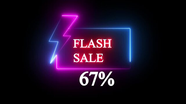 Blue and purple neon sign promoting a flash sale with a bold -67% discount. Perfect for showcasing digital marketing and e-commerce promotions.4k video Black Background