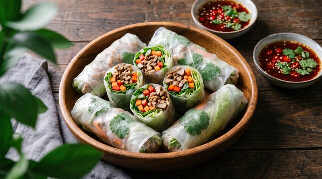 Healthy Vietnamese spring rolls (Goi Cuon) are artfully arranged in a wooden bowl. Showcasing vibrant fresh ingredients, these authentic appetizers are served with spicy dipping sauces.