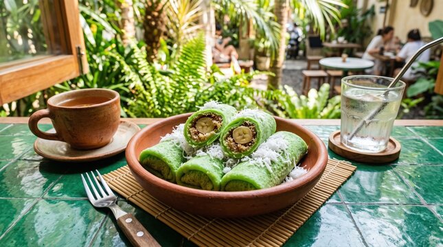 Traditional Indonesian green banana pancakes, kue dadar gulung, are served with sweet coconut and banana filling. 