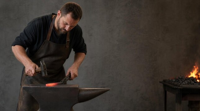 Blacksmith forging hot metal on anvil as traditional craft hobby