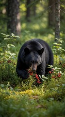 Naklejka premium Wild black bear walks in green forest eating red berries from bushes. Large mammal forage food in natural woods during summer day. Big animal search for seasonal fruit in wild habitat environment.