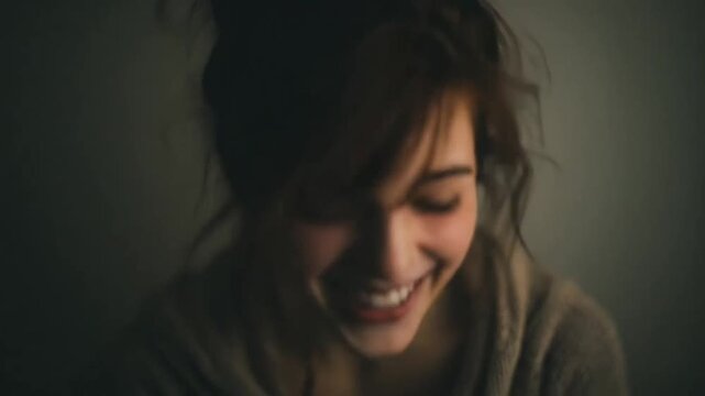 Joyful young woman laughing with eyes closed indoors.