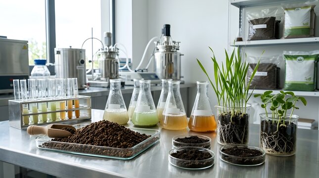 Modern agricultural laboratory with plants and soil samples