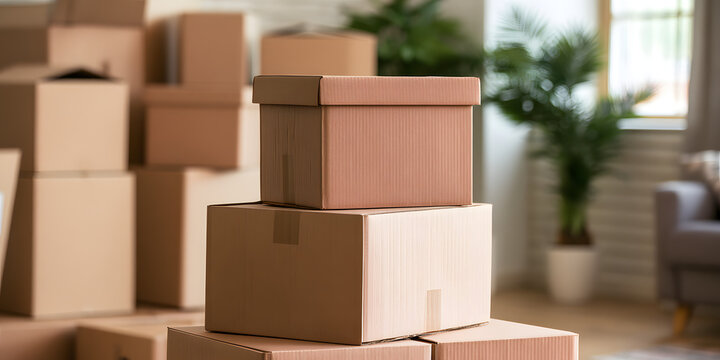 Household moving boxes are stacked for storage, focusing on organization and space efficiency, and interior setup. No holiday was observed