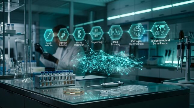 Scientist working behind a digital genetic sequencing workflow