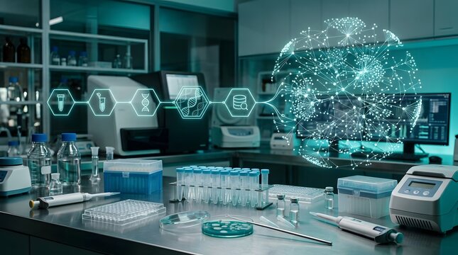Modern lab bench with holographic network of genetic information
