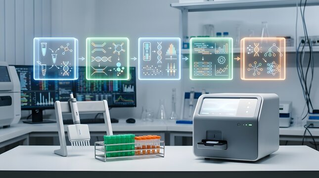 Genomic sequencing machine with colorful data visualization panels